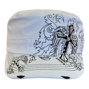 White Rhinestone Cross Distressed Y2K Military Cap